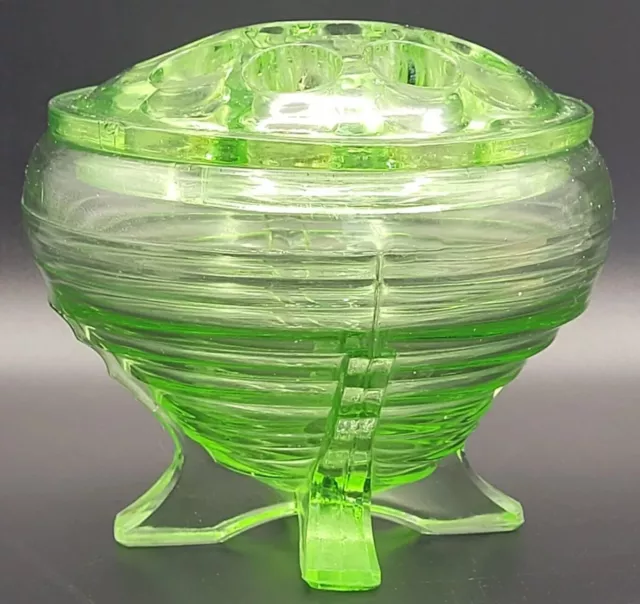 Heavy Attractive Vintage Art Deco Green Glass Posy Vase Flower Frog Rose Bowl