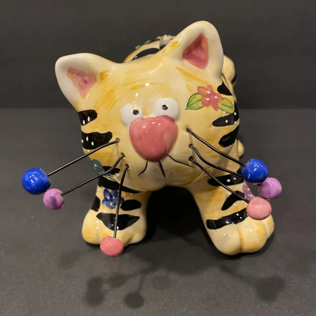 Ceramic Coin Bank Ganz Orange Tabby Tiger Cat With Whimsical Whiskers Flowers