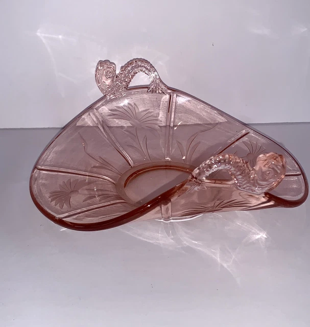 PINK DEPRESSION GLASS Bowl Candy Dish with Koi Pisces Fish Handles
