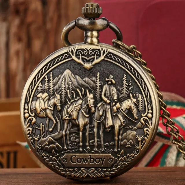 Vintage Cowboy Pattern Quartz Pocket Watch with Necklace Bronze Chain Mens Gifts