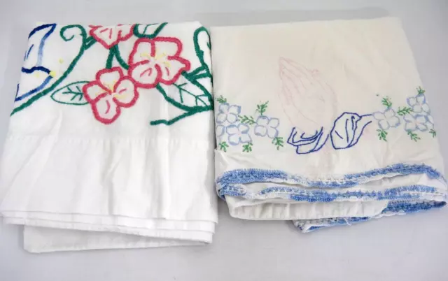 Vintage Hand Embroidered Pillowcases Lot 2 Standard Praying Hands Flowers Doves