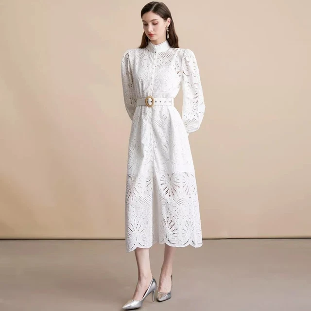 Robe Fourreau Femme En Satin Et Dentelle Blanche - Manches Longues élégantes - Taille 34 à 40