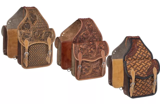 Western Leather Saddle Bags - Medium Oil - Basket - Floral - Floral/Barbwire
