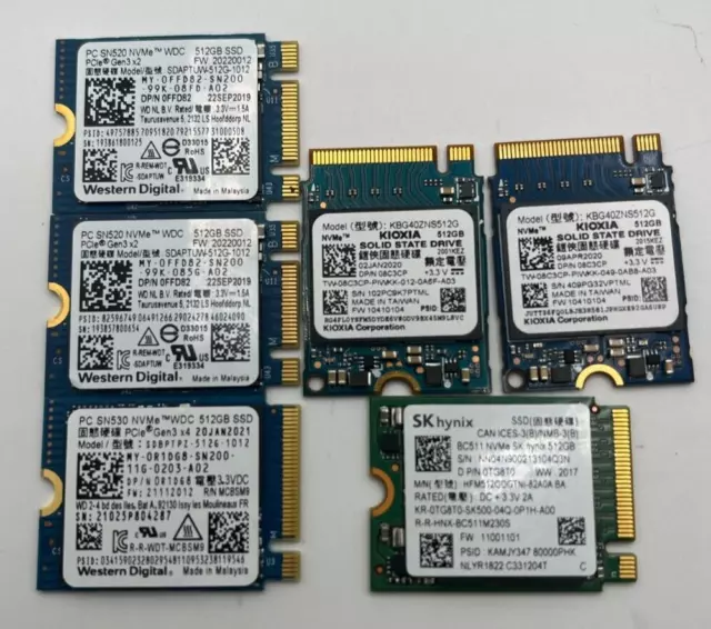Lote de (6) 512 GB - Western Digital KIOXIA SkHynix SN520 SSD, unidades NVME