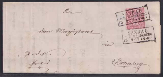 67411) SANDAU R. B. MAGDEBURG nachverwendeter Stempel 1871 auf Brief Bromberg