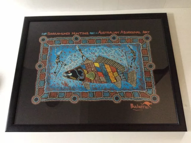 Framed Aboriginal Dot Painting “Barramundi Hunting” Art Picture - Bulurru