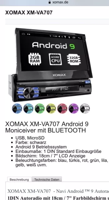 AUTORADIO XOMAX XM-VA707 Android9 Moniceiver mit GPS Navi-App 7“ Touchscreen  EUR 65,00 - PicClick DE