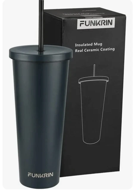 Funkrin Insulated Coffee Mug Tumbler with Straw, 18oz Ceramic Lined -NEW