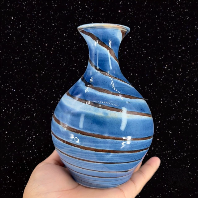 VINTAGE ISLAND POTTERY Bermuda Blue Waves Vase Signed R&G Ceramic Hand