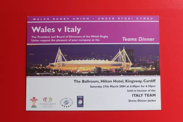 WALES ITALY 2004 Welsh Rugby Union Teams Dinner Invitation Hilton Hotel Cardiff