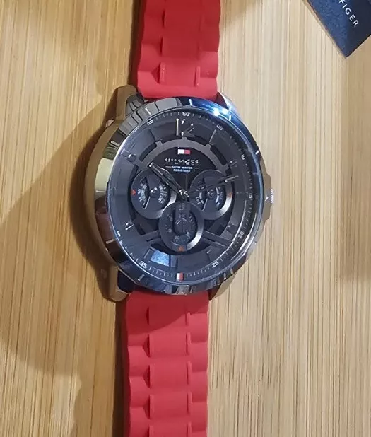 Tommy Hilfiger Watch With 50mm Gunmetal Grey Face & Red Silicone Band