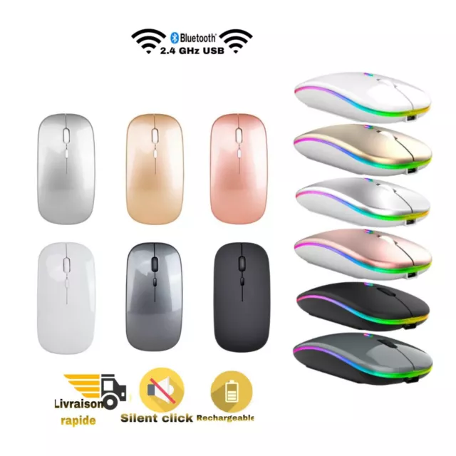 Silencieux Souris Sans Fil  Bluetooth USB D'ordinateur Rechargeable Ergonomique