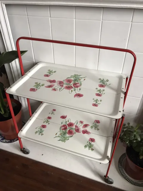 Vintage Retro White & Floral TEA DRINKS SERVING TROLLEY  2 TIER FOLDING Tray