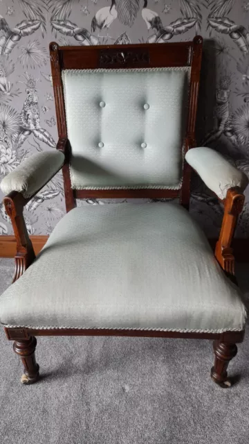 Edwardian Fireside Chair  Or Bedroom Oak And Fabric Antique