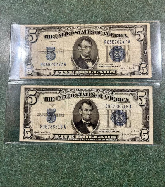 2x LOT of 1934D Five Dollar Blue Seal Note Silver Certificate $5 Old US Bill