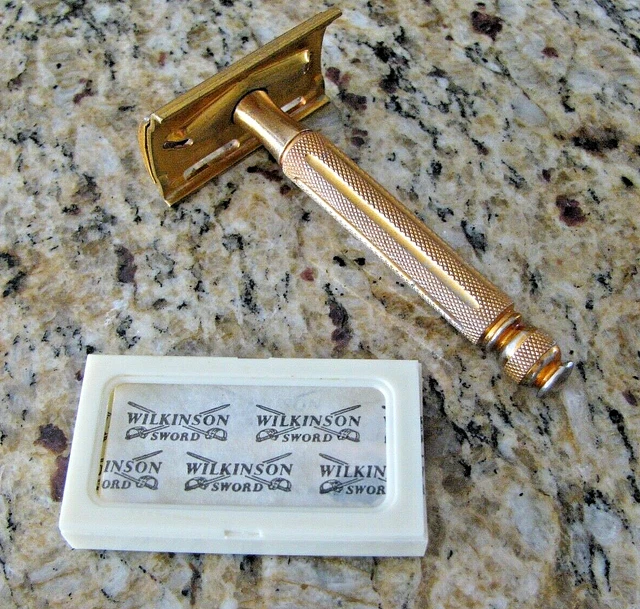 Gillette Safety Razor 1940's Gold Plated Tech Ball End w/ NOS Blades - Rare