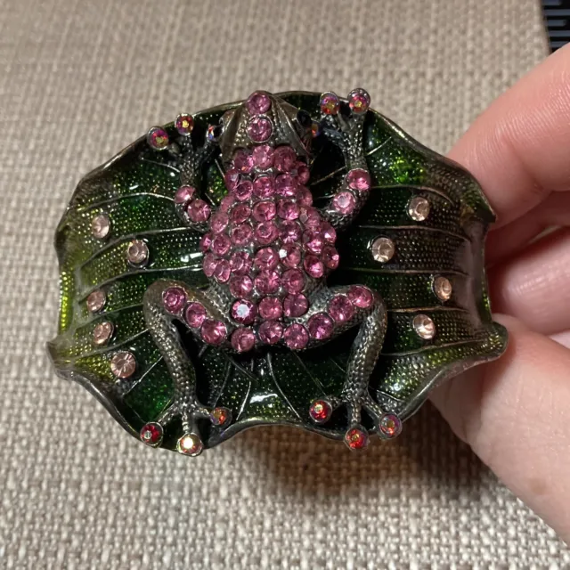 Green Enamel Pink Rhinestone Frog on Lily Pad Pewter Tone Hinged Cuff Bracelet