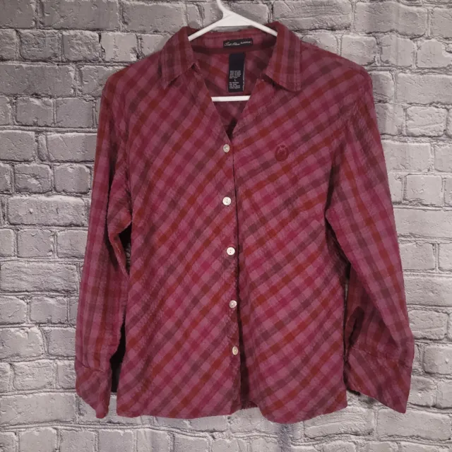 Bill Blass Women's L Red Plaid Textured Cotton Abalone Shell Button Up Shirt