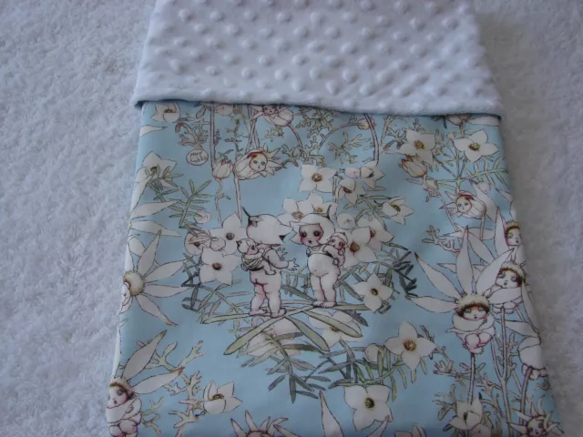 Gumnut Babies Blue Cotton Front White Minky Reversible Baby Blanket Handmade