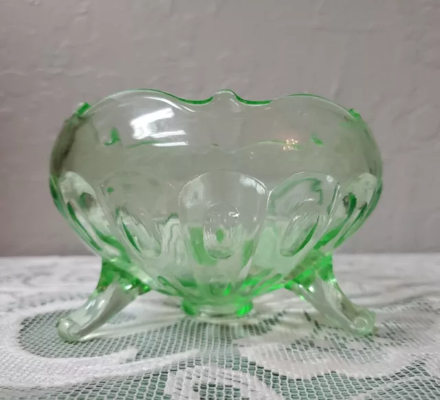 Vintage Vaseline Depression Optic Green Glass Tri Footed Bowl Candy Dish