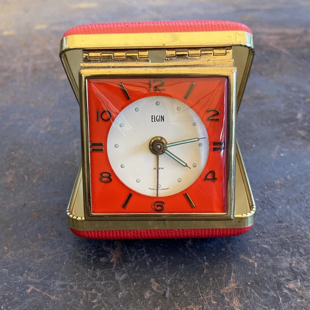 ELGIN RED TRAVEL Alarm Clock Bedside Leather Folding Wind Up Clock