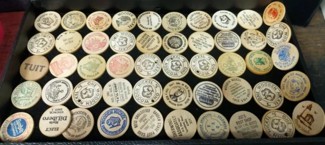 Large 52X piece Wooden Nickels Collection - All Types and Companies