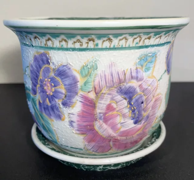 Vintage Hand Painted Chinese White & Green Floral Planter Porcelain Ceramic Pot