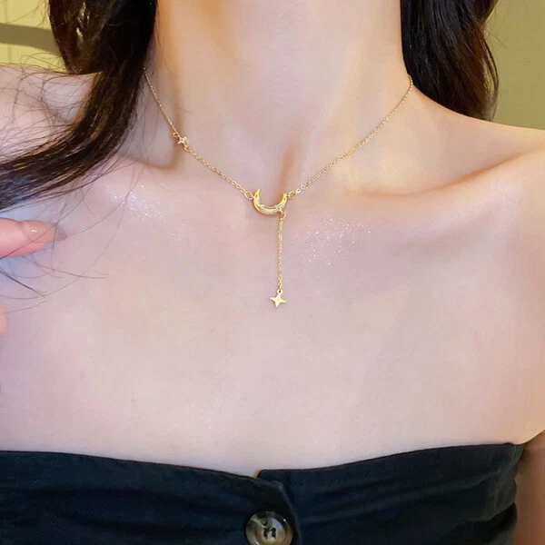 Fashion 18k Gold Plated Star Moon Pendant Chain Necklace Womens Jewellery Choker