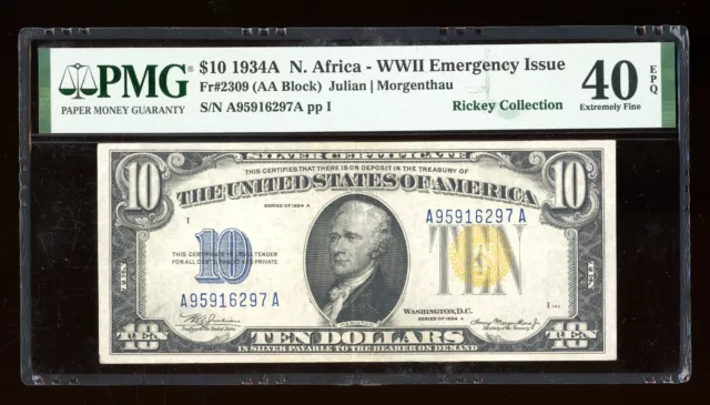 DBR 1934-A $10 North Africa Silver Fr. 2309 PMG XF-40 EPQ Serial A95916297A