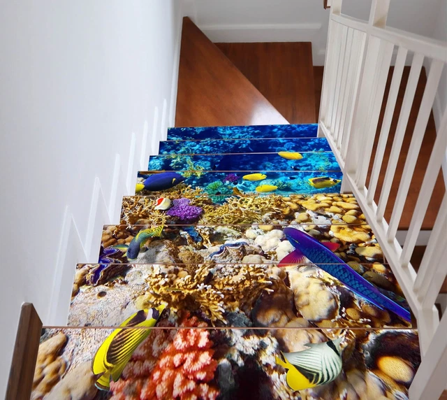 View of 3D DARK BLUE Fish A049 Stair Risers Decoration Photo Mural Vinyl ...