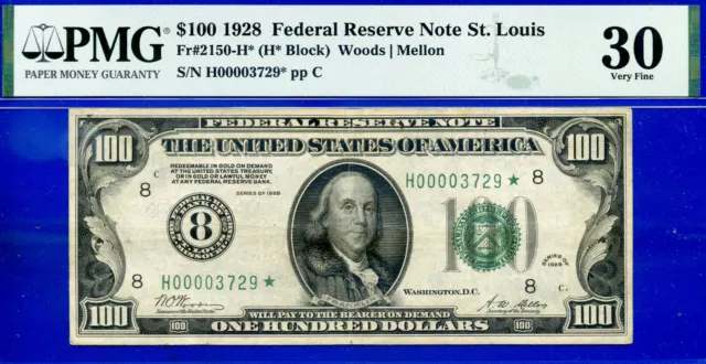 Near TOP POP ✅ 1928 $100 FRN ➡️ 4th Finest 🔴 St. Louis STAR ⬅️ PMG 30 # 3729