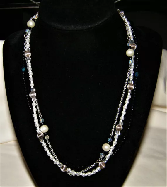 Lovely 925 Sterling Silver 3-Strand CRYSTAL BEADS NECKLACE Pearls~Black Onyx~AB