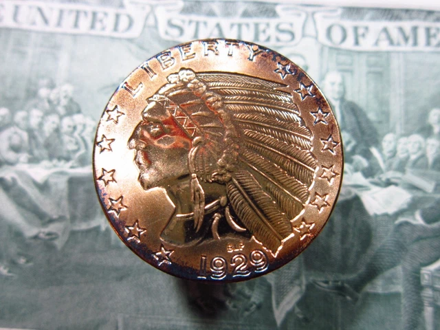 USA Souvenir 1929 $5 Dollars COPY Eagle Indian Chief 22KGP Proof 29mm Medal Coin