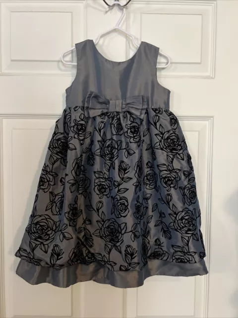 Penelope Mack Girls Gray/Black Floral Christmas Holiday Party Dress Size 4