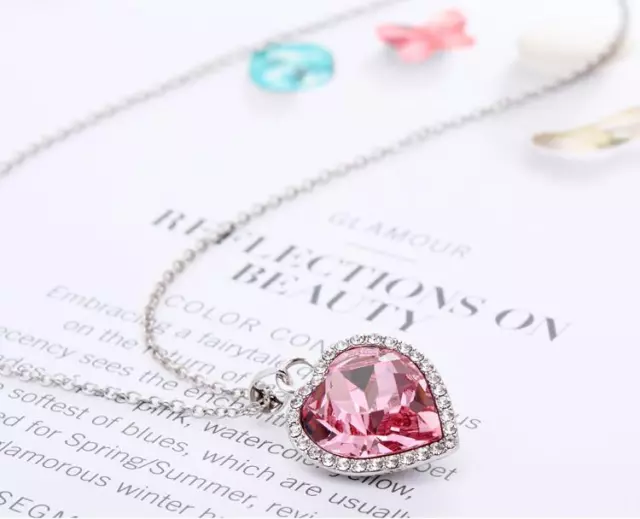 New Silver Pendant Pink Heart-shaped Made with Swarovski Crystals Chain Jewelry