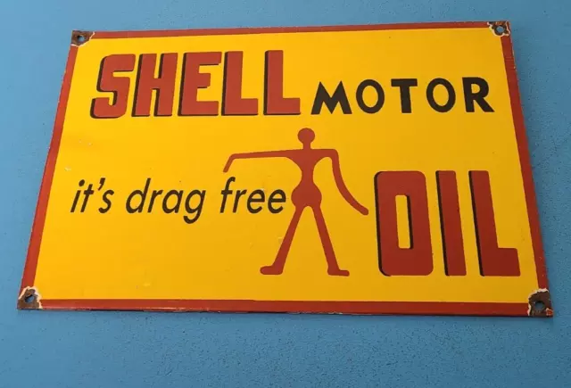 Vintage Shell Porcelain Gas Motor Oil Drag Free Service Station Pump Plate Sign