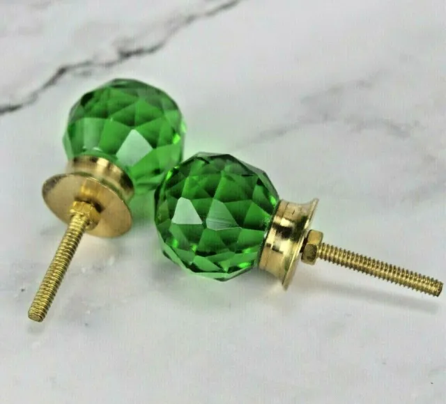Vintage Victorian Style Cut Glass Door Knobs: Green Crystal Brass Knob Set, Pair 2
