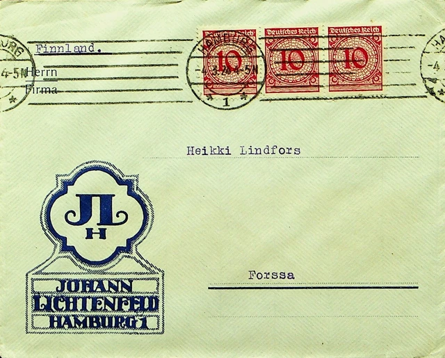 Deutschland 1924 3x10pf Auf Abdeckung Von Hamburg Sich Forssa Finnland