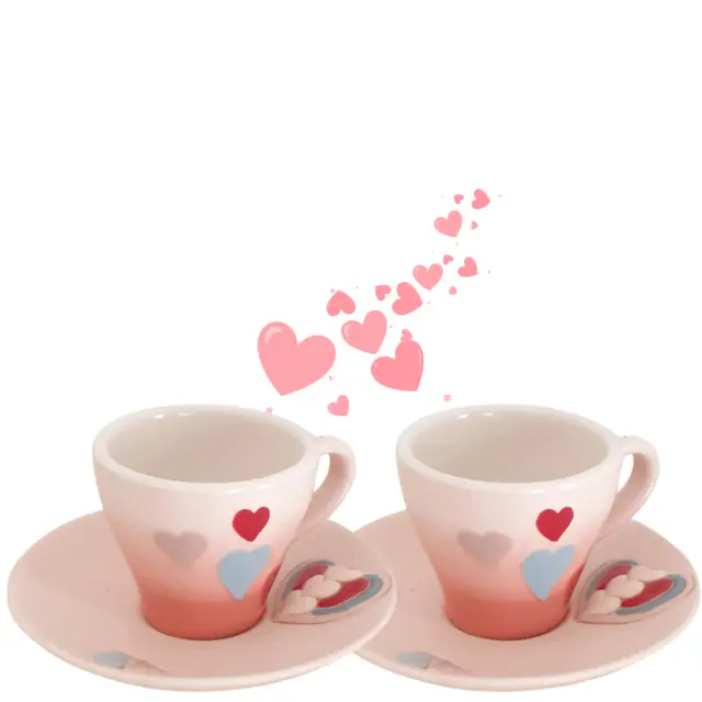 Juego 2x50 tazas café, porcelana decoradas a mano con forma de corazón y platito