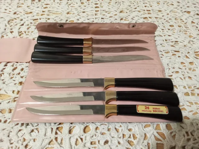 Vintage Set 6 Kitchen Knives Bolsters - 24 Karat Gold-Plated w/Case HTF RARE