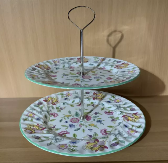 Vintage Minton Haddon Hall 2 Tier Cake Stand Green Edge Excellent Condition