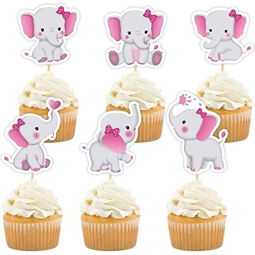 48 Pieces Cute Pink Elephant Cupcake Toppers for Baby Girls, Little Peanut Baby