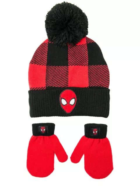 Spider-Man Marvel Vengadores Niños Cuadros Punto Invierno Gorro &mitten Set Nwt