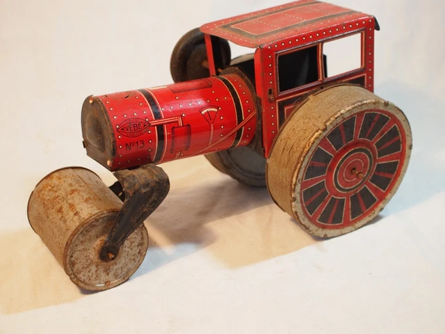ROULEAU COMPRESSEUR CHANTIER en tôle VINTAGE TOY jouet mécanique à clef + boîte Neuf Ancien Intact - Collection