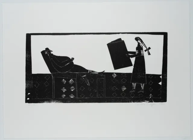 K. LÖFFLER (*1965), Mädchen mit Buch vor Mann im Sessel, nach Brentano,  1993, H 2