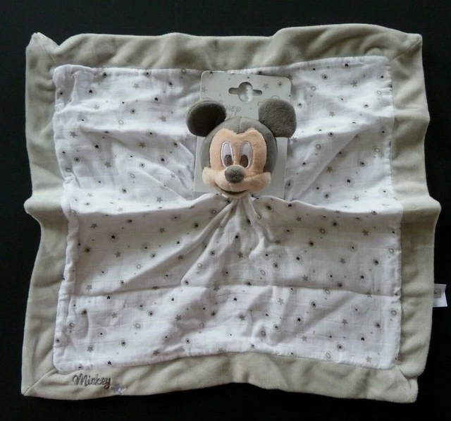 DC2. DOUDOU PLAT DISNEY BABY MICKEY MOUSE Lange gris blanc étoile 40cm - NEUF