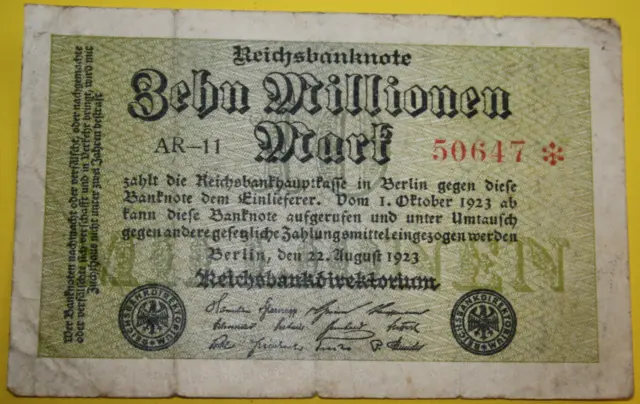 Reichsbanknote, Deutsches Reich Zehn Millionen Mark vom 22 Aug. 1923 Sehr (5564)