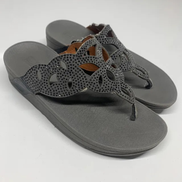 Fitflop Elora Gray Crystal Wedge Thong Sandals Womens Sz 7 Flip Flop AF3 - 054