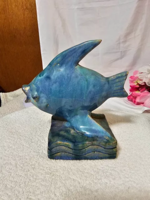 Signed Vtg Blue Glaze stoneware / ceramic fish Figurine Statue