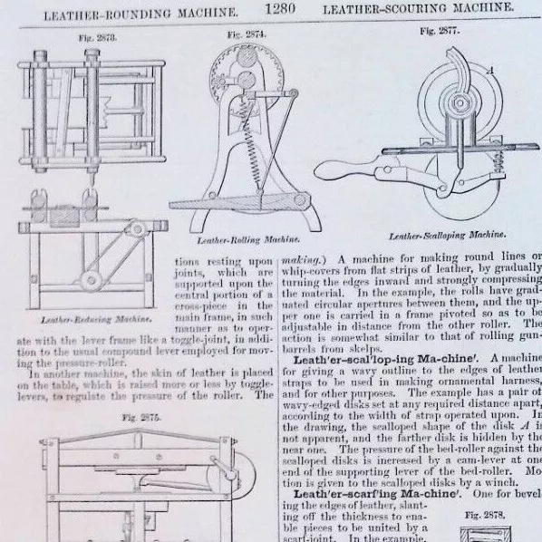 "Leather" Polishing Pressing Punching Original 1876 Mechanical Dictionary Page